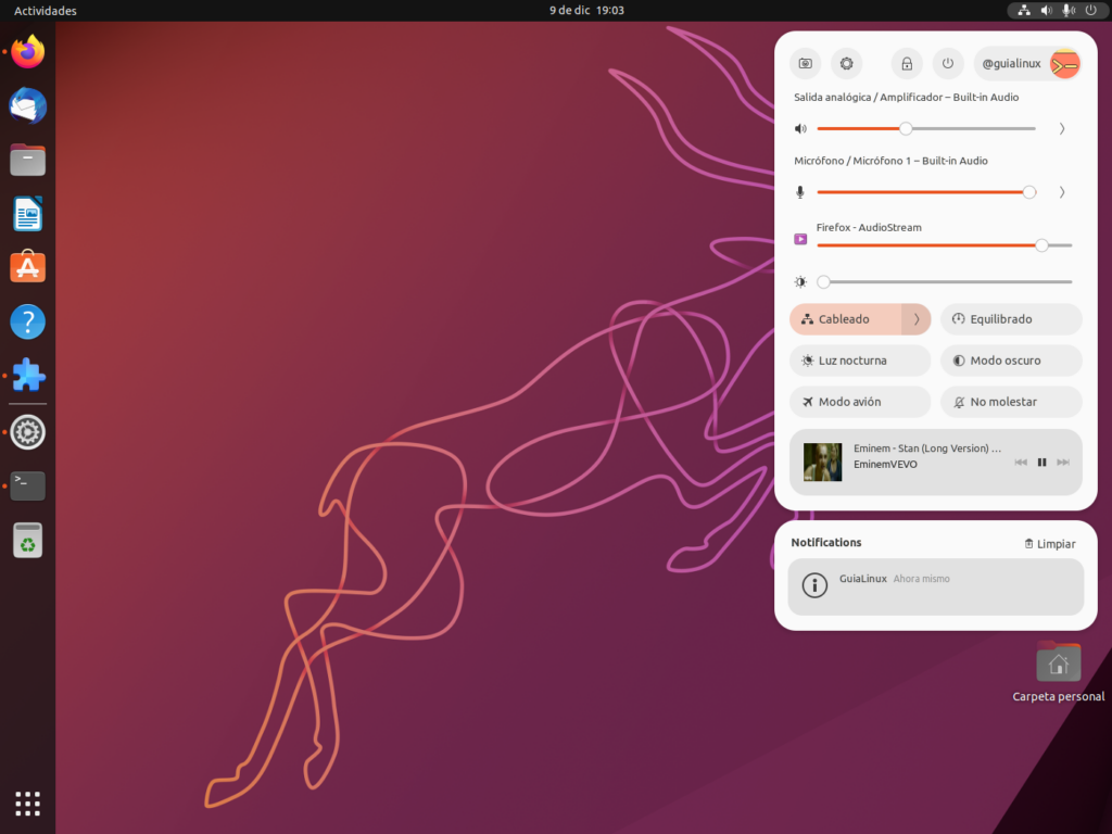 Añadir notificaciones, controles multimedia y audio al menú rápido de GNOME