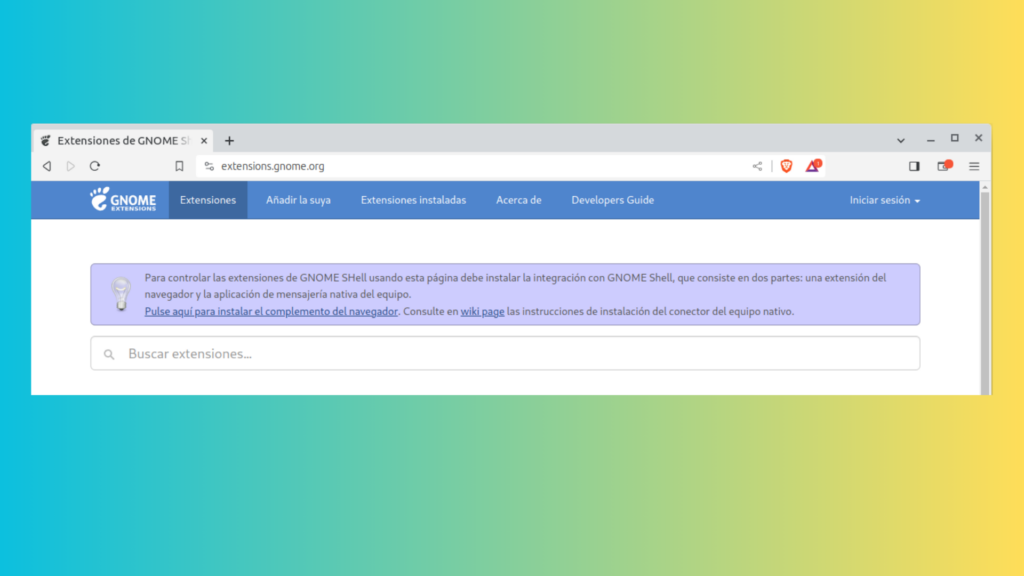 Notificación de instalación del complemento de extensiones de GNOME en el navegador Brave